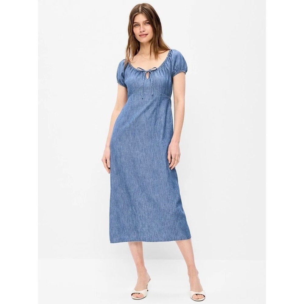 Old Navy Short Sleeve Scoop Neck Midi Dress MED Chambray Denim Peasant Feminine